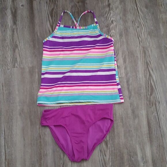 Spotted Zebra stiped top solid  bottom tankini bathing suit swimsuit Sz M (8) - Picture 1 of 7